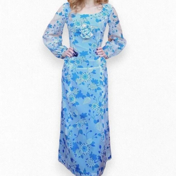Vintage Rare Prom 70s Handmade Floral Maxi Dress Sky Baby Blue Babydoll Sheer Xs - Picture 2 of 9